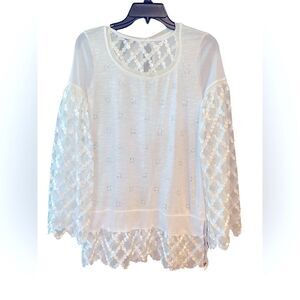 WHBM Sz XS Statement White Beaded Sequin Sheer Sleeves Button Close Top